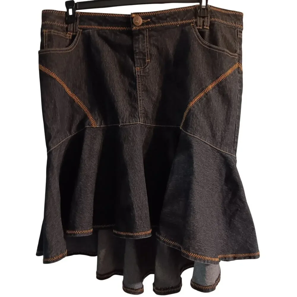 Bisou Bisou Dark Wash Denim Skirt Size 18 Mermaid Style & Ruffled High-Low Hem